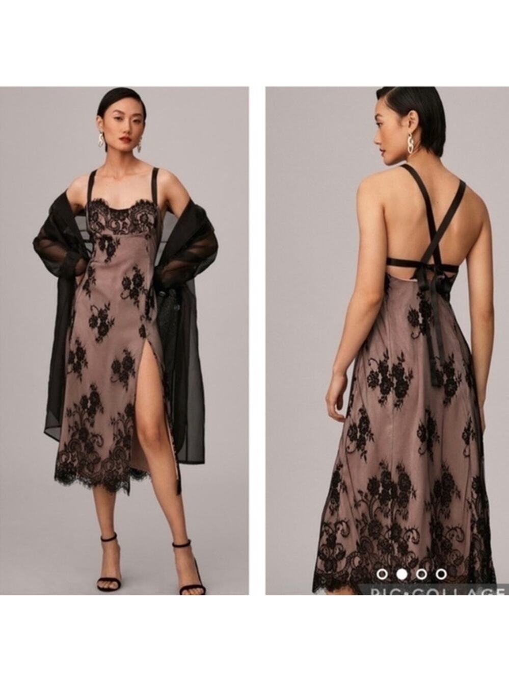 Anthropologie Nude Black Lace Overlay Side Slit Slip Dress Size L